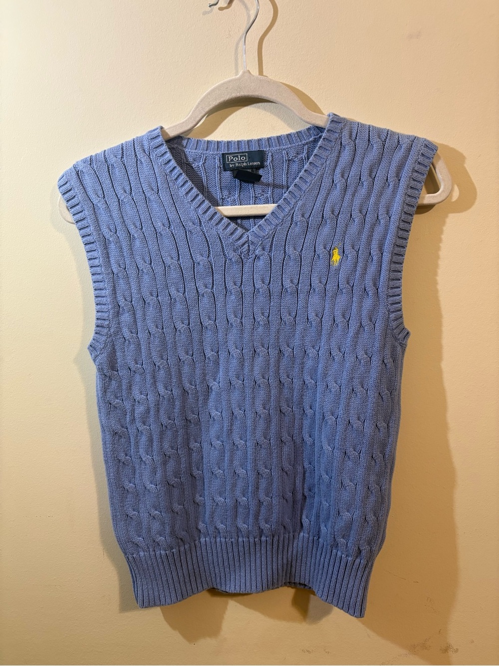 Polo by Ralph Lauren Sweater Vest Boys Medium Blue Cable Knit V-Neck Yellow Pony